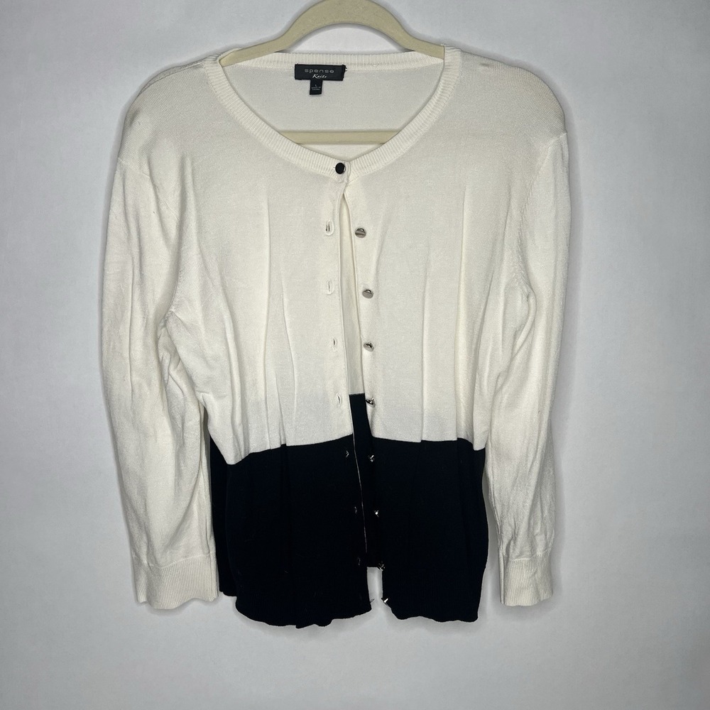 Spense Knits Women's Black Ivory Mirrored Button up 3/4‎ Sleeve Large Sweater L
